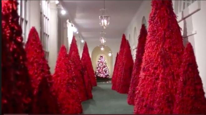 The White House image, larger-- a hallway flanked by cones of scarlet fur, somewhat reminiscent of the texture of pine trees. At the distant end of the hall, a tree with so many lights on it one cannot tell if it is another of the Muppet-skinned oddities or an actual tree.