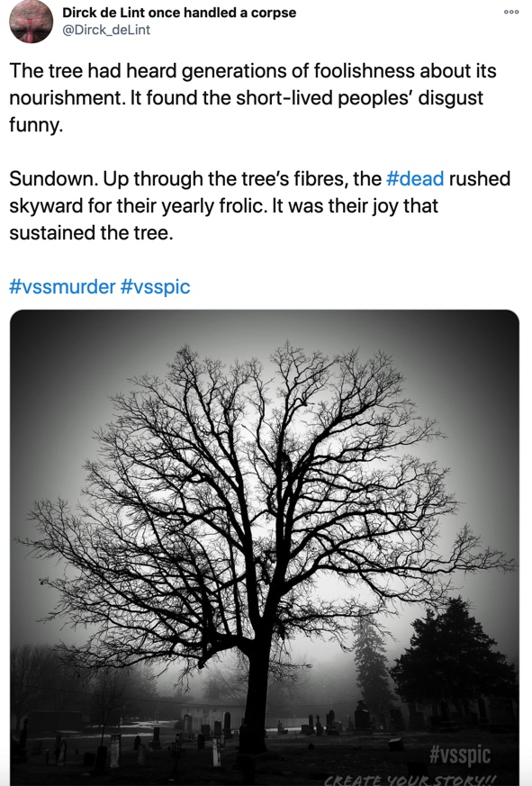 31 October

The tree had heard generations of foolishness about its nourishment. It found the short-lived peoples’ disgust funny. 

Sundown. Up through the tree’s fibres, the #dead rushed skyward for their yearly frolic. It was their joy that sustained the tree.

(Image: A large tree, without leaves, standing in a small graveyard. Image provided by Twitter user @vsspic)